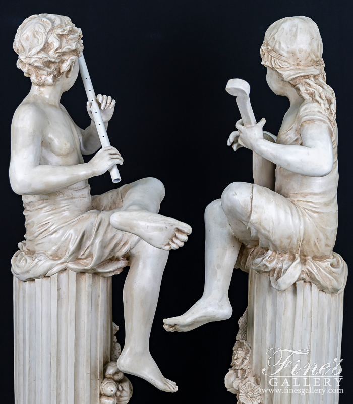 Marble Statues  - Cast Marble Child Flutist And Mandolin Player Pair - MS-1267